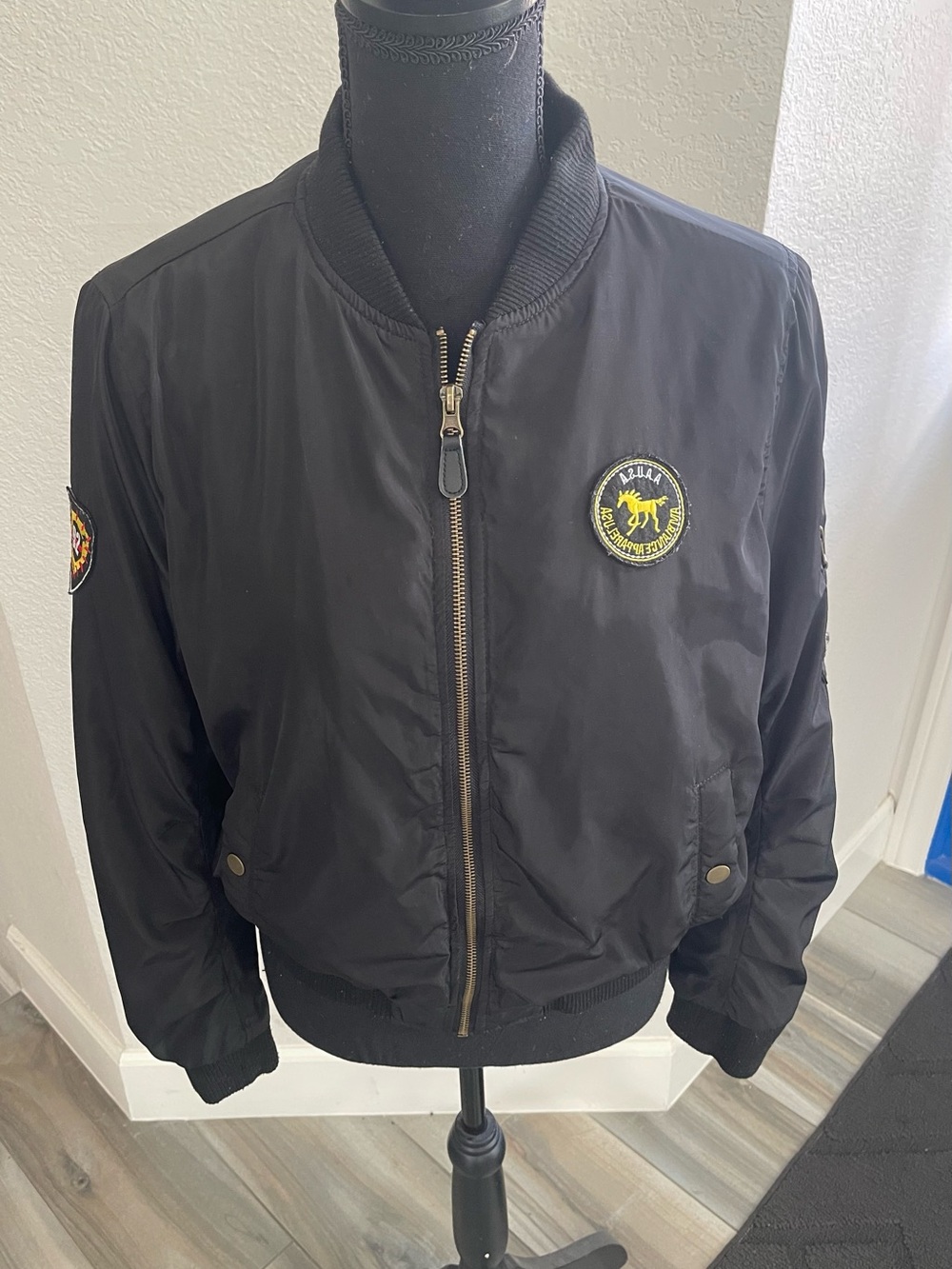 Black Bomber Jacket with Patch Detail